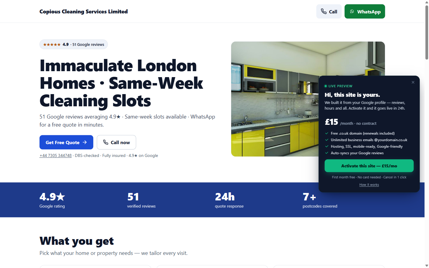 Screenshot of a Walu-built website for a London cleaning company
